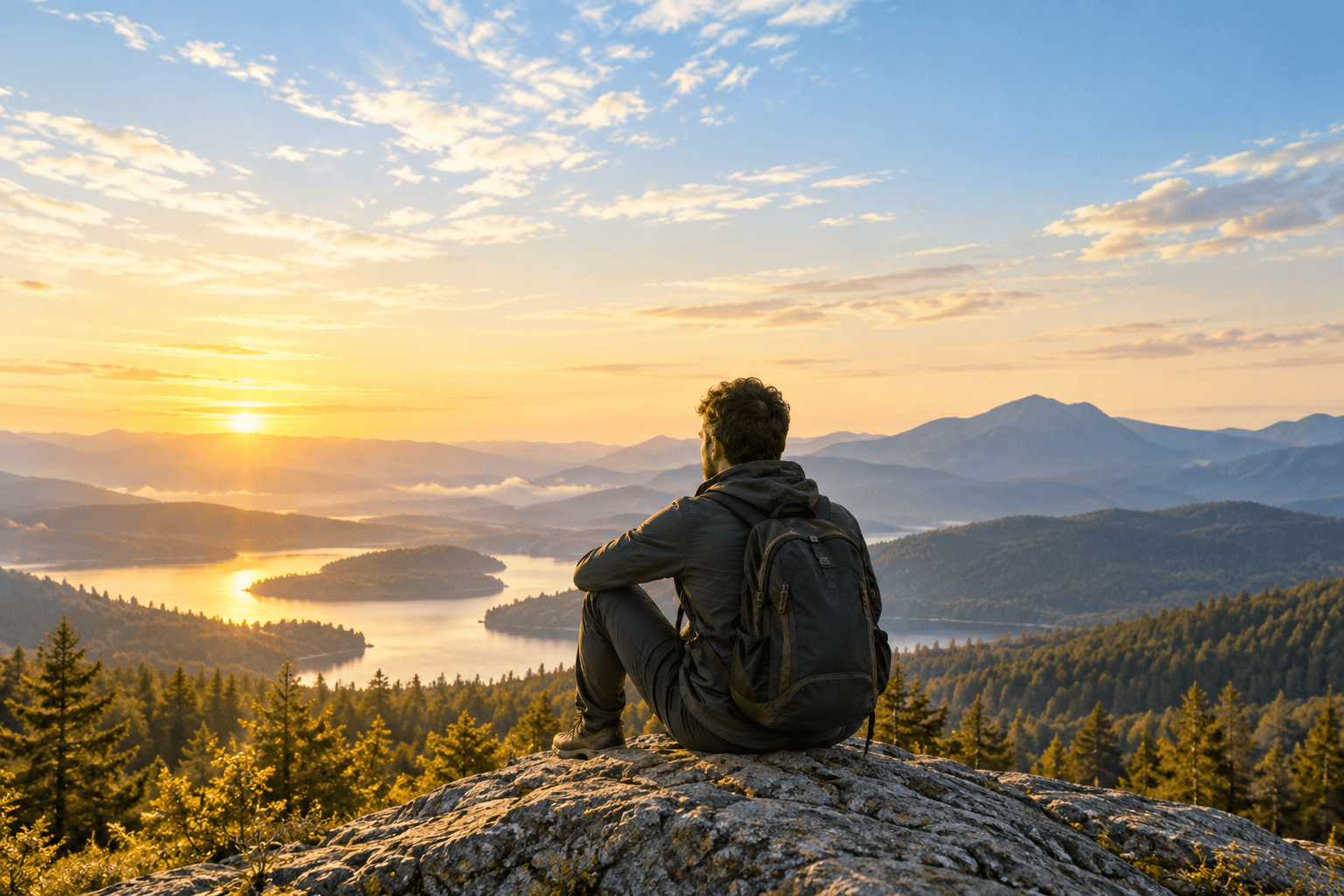 A person sitting quietly above a sunlit mountain lake, looking toward the horizon.